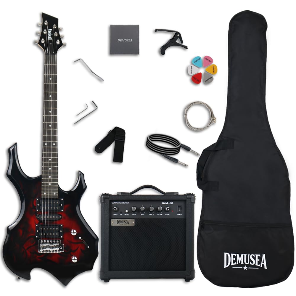 Black Red Flame Shape Full Size Solid Body Electric Guitar Kit with 20W Amp C123