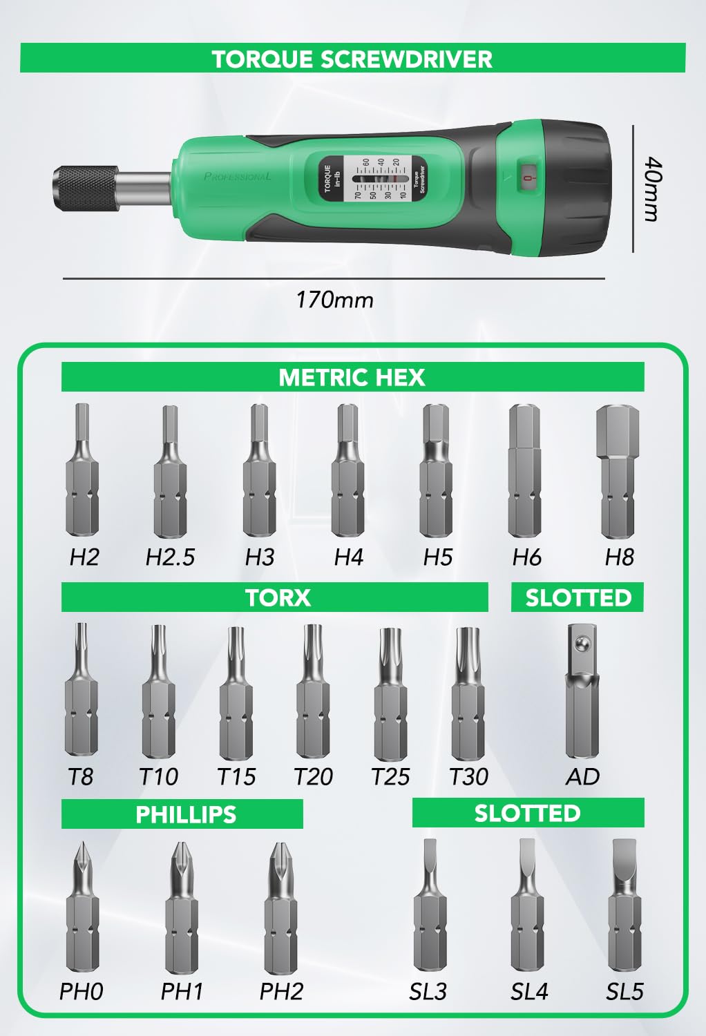 1/4" Drive 10-70 Inch Pounds 20 Pcs Torque Screwdriver Set Y70941