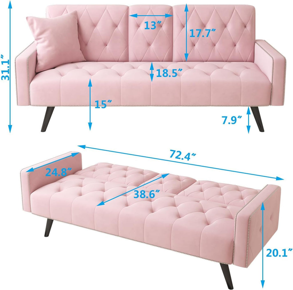 Pink Velvet Futon Couch Bed with Cup Holder E863