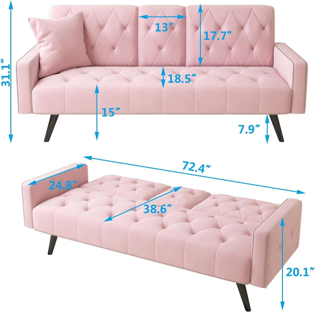 Pink Velvet Futon Couch Bed with Cup Holder E863