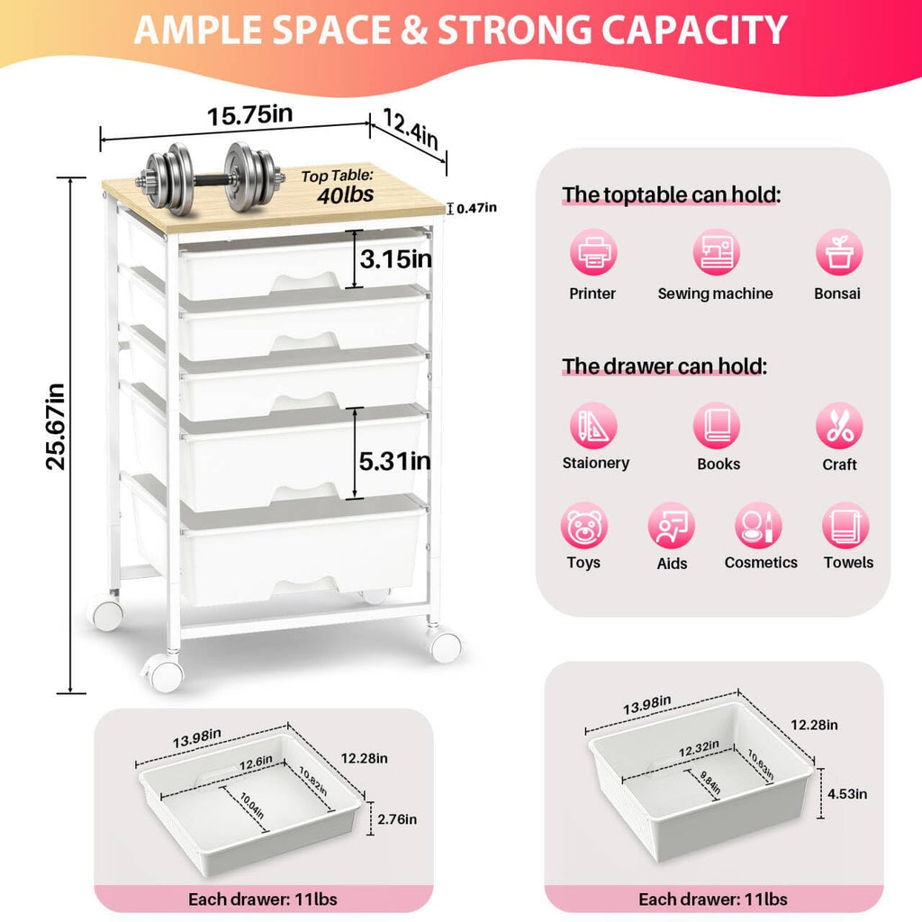 White Rolling Cart with 5 Drawers I101864