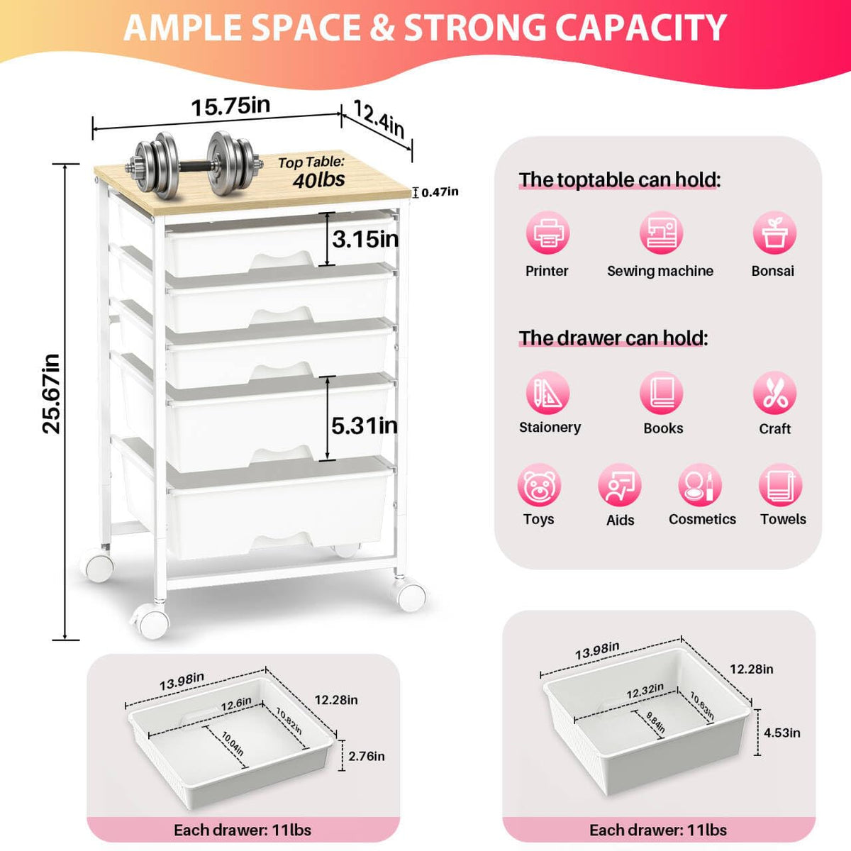 White Rolling Cart with 5 Drawers I101864