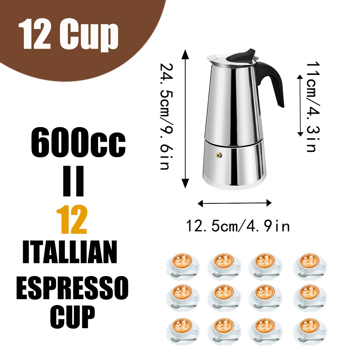 12 Cup Stainless Steel Stovetop Espresso Moka Pot 600ml D33190