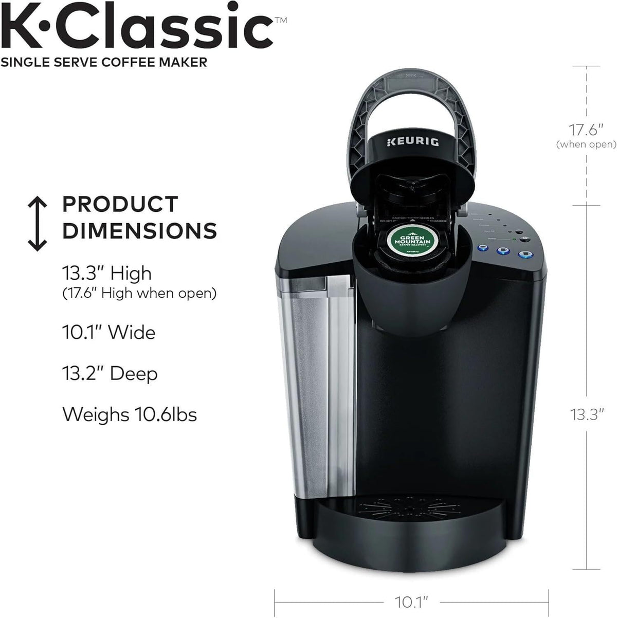Single Serve K-Cup Pod Coffee Maker, 3 Brew Sizes, 48oz Removable Reservoir, Black Y155
