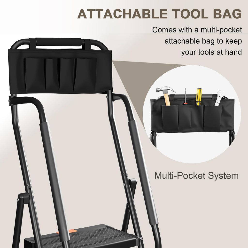 3 Step Folding Step Ladder with Handrails, 500 Lbs Capacity, Black E9403