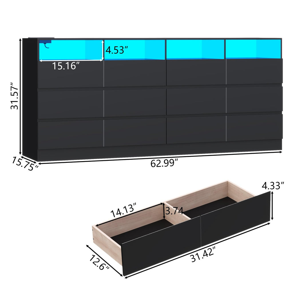 6 Drawer Dresser with Power Outlet and LED Lights I32255
