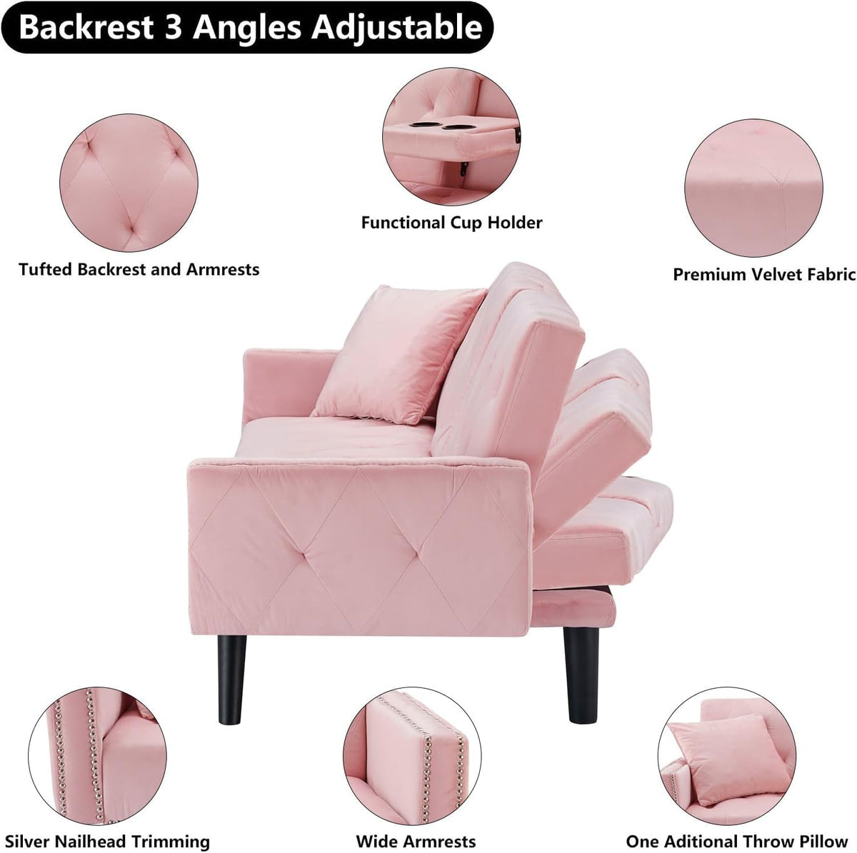 Pink Velvet Futon Couch Bed with Cup Holder E863