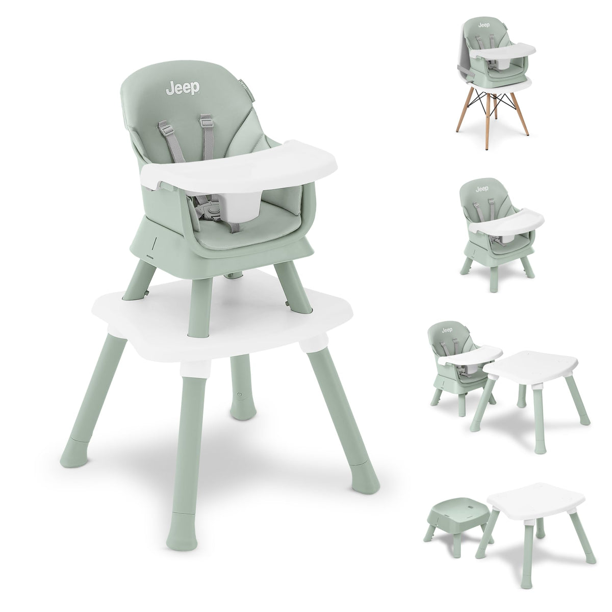 6-in-1 High Chair Converts to Stool Booster Seat Toddler Chair Activity Table and Desk and Chair Sage Green N8679