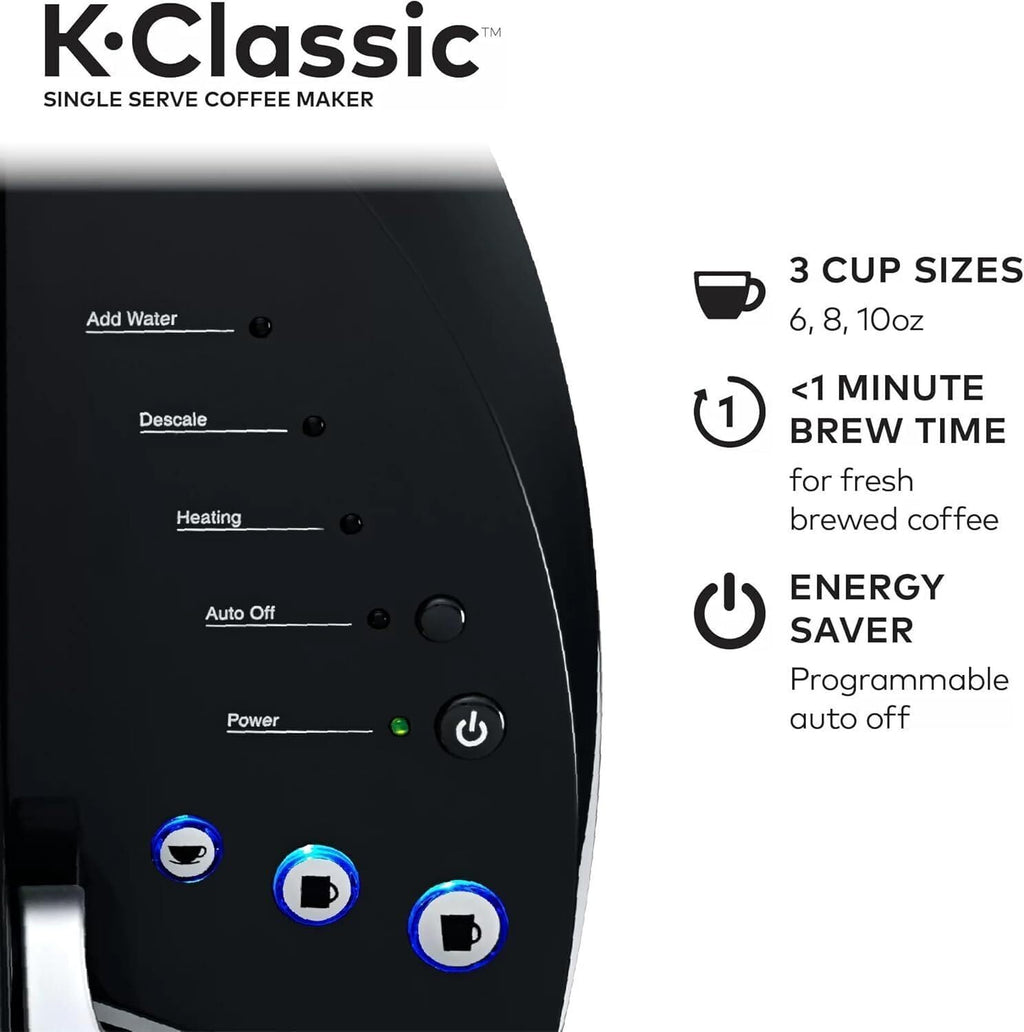 Single Serve K-Cup Pod Coffee Maker, 3 Brew Sizes, 48oz Removable Reservoir, Black Y155