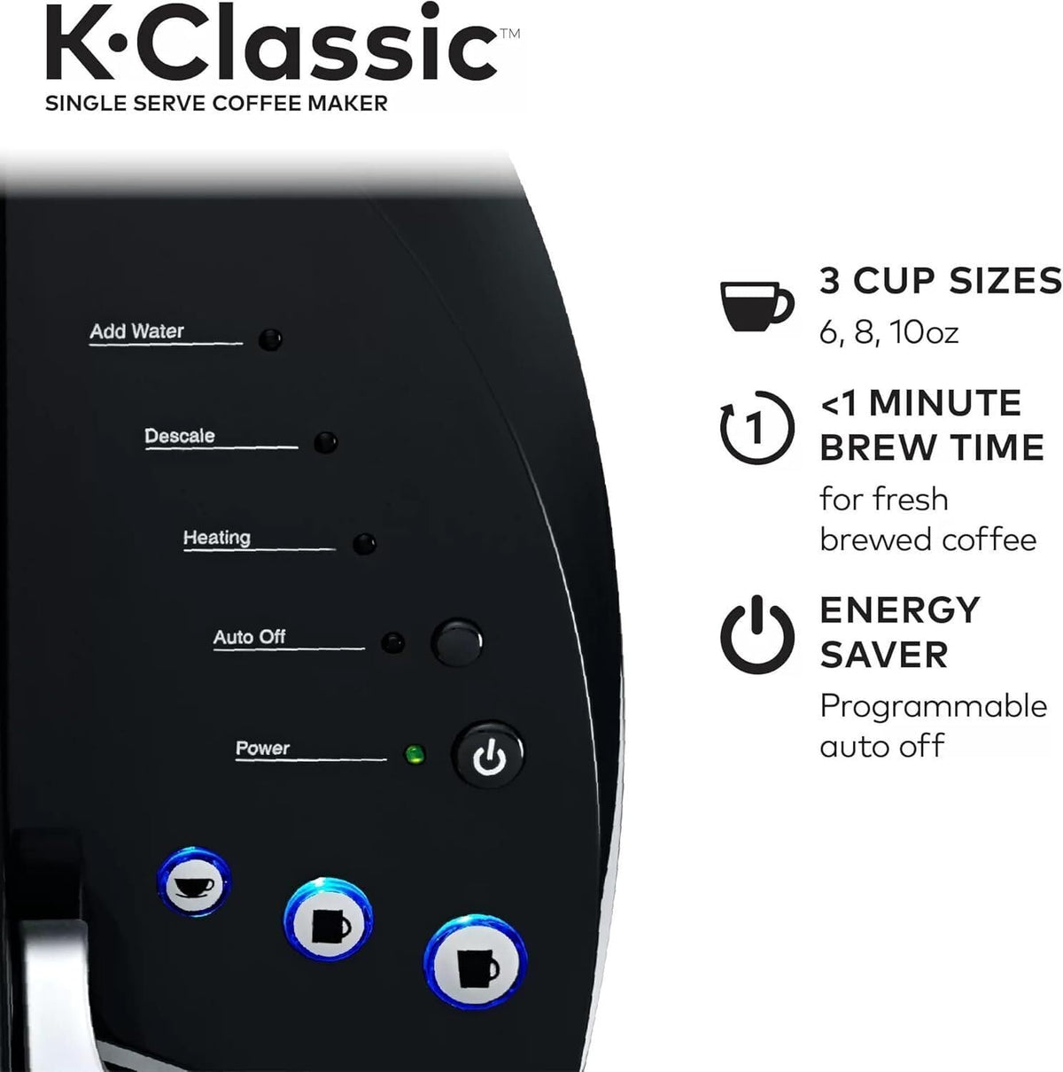 Single Serve K-Cup Pod Coffee Maker, 3 Brew Sizes, 48oz Removable Reservoir, Black Y155