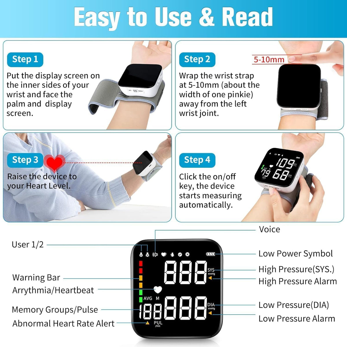 Wrist Blood Pressure Monitor with 90X2 Readings Memory D935184