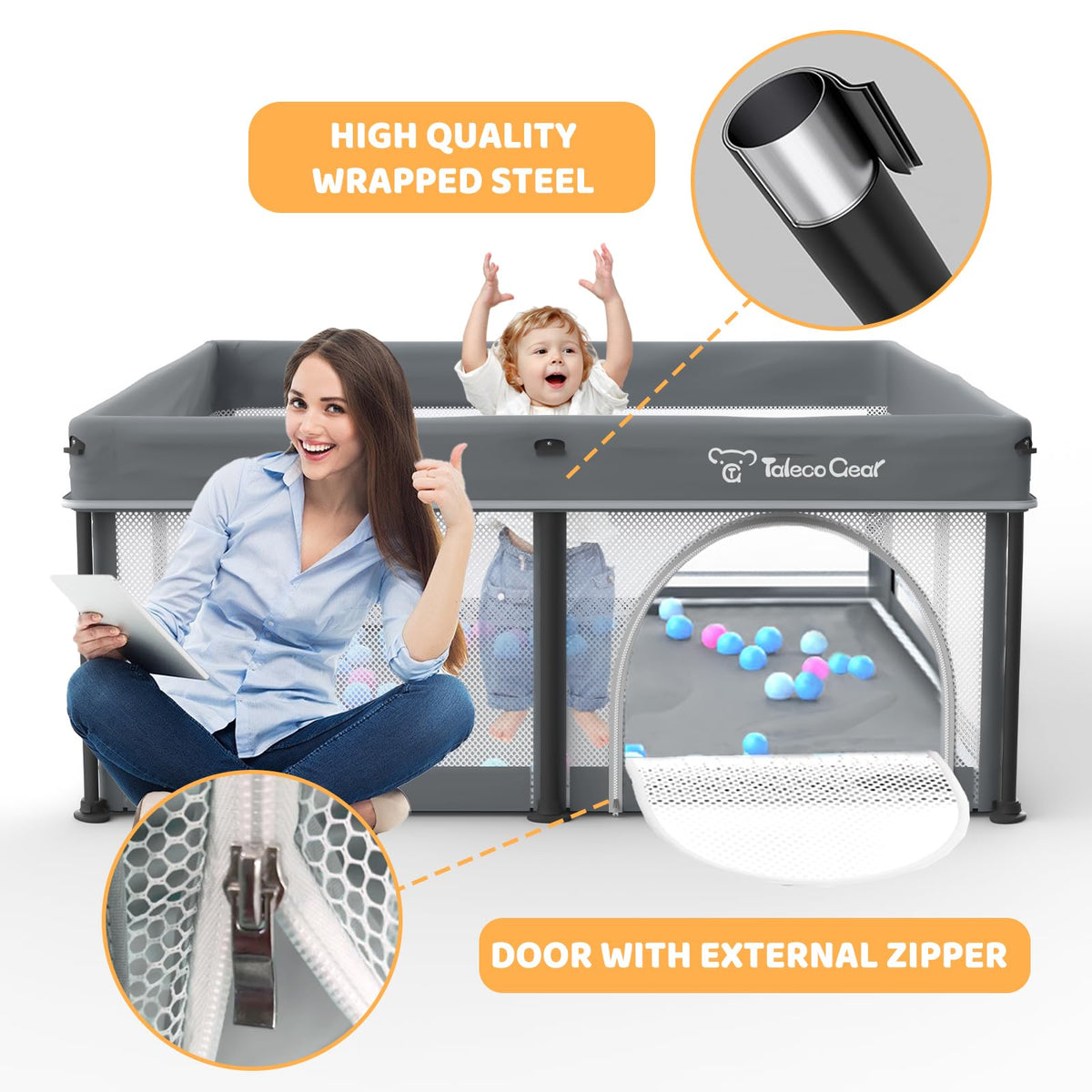 Foldable Baby Play Pen with Mat and Gate Y898399