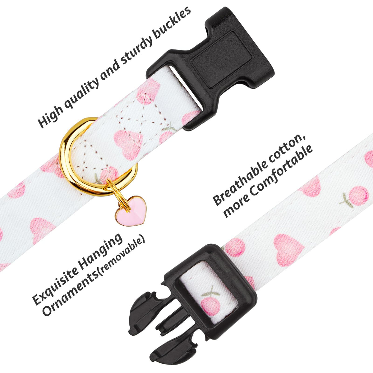 Cotton Dog Collar White and Pink Love Heart with Pendant S315