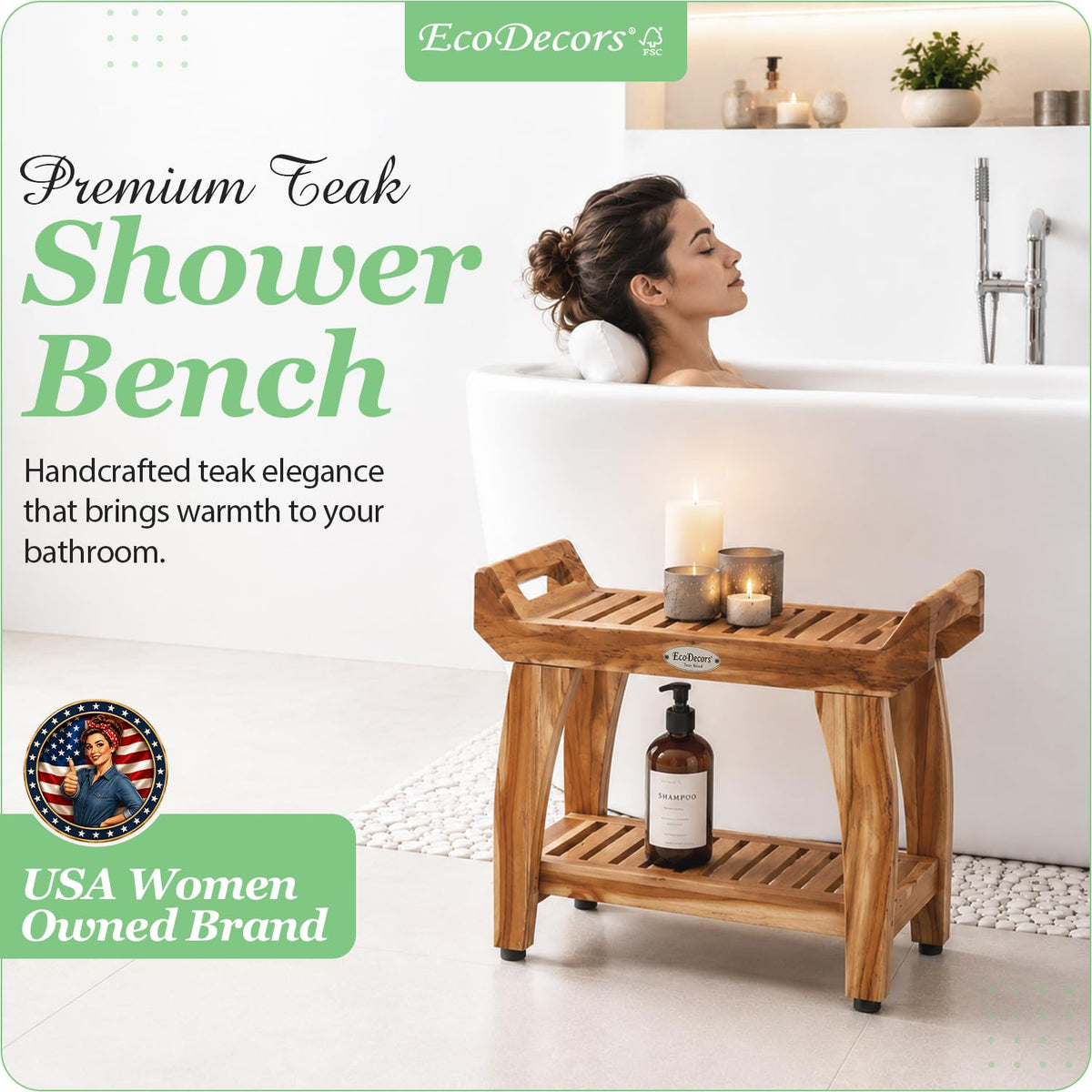 24" Teak Shower Bench with Arms & Storage Shelf R35308