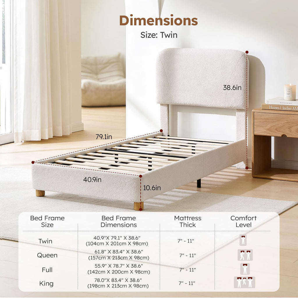 Twin Size Cream Boucle Platform Bed J19269