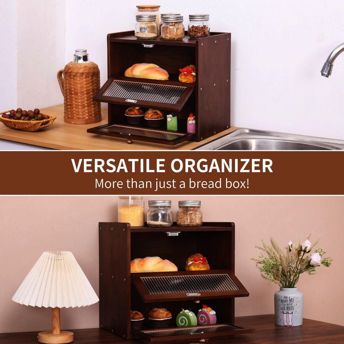 Double 2 Layer Wooden Bread Box with Acrylic Window Y966