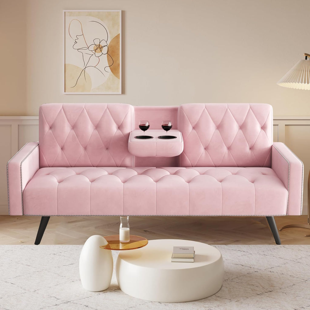 Pink Velvet Futon Couch Bed with Cup Holder E863