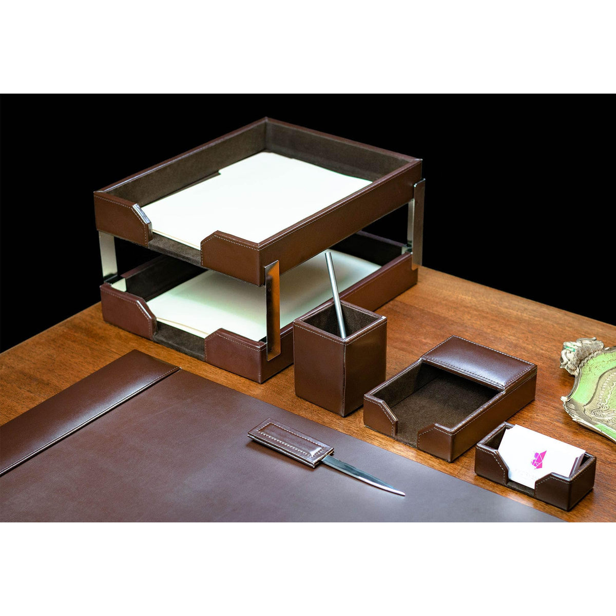 Dark Brown Bonded Leather 8-Piece Desk Accessory Set G777