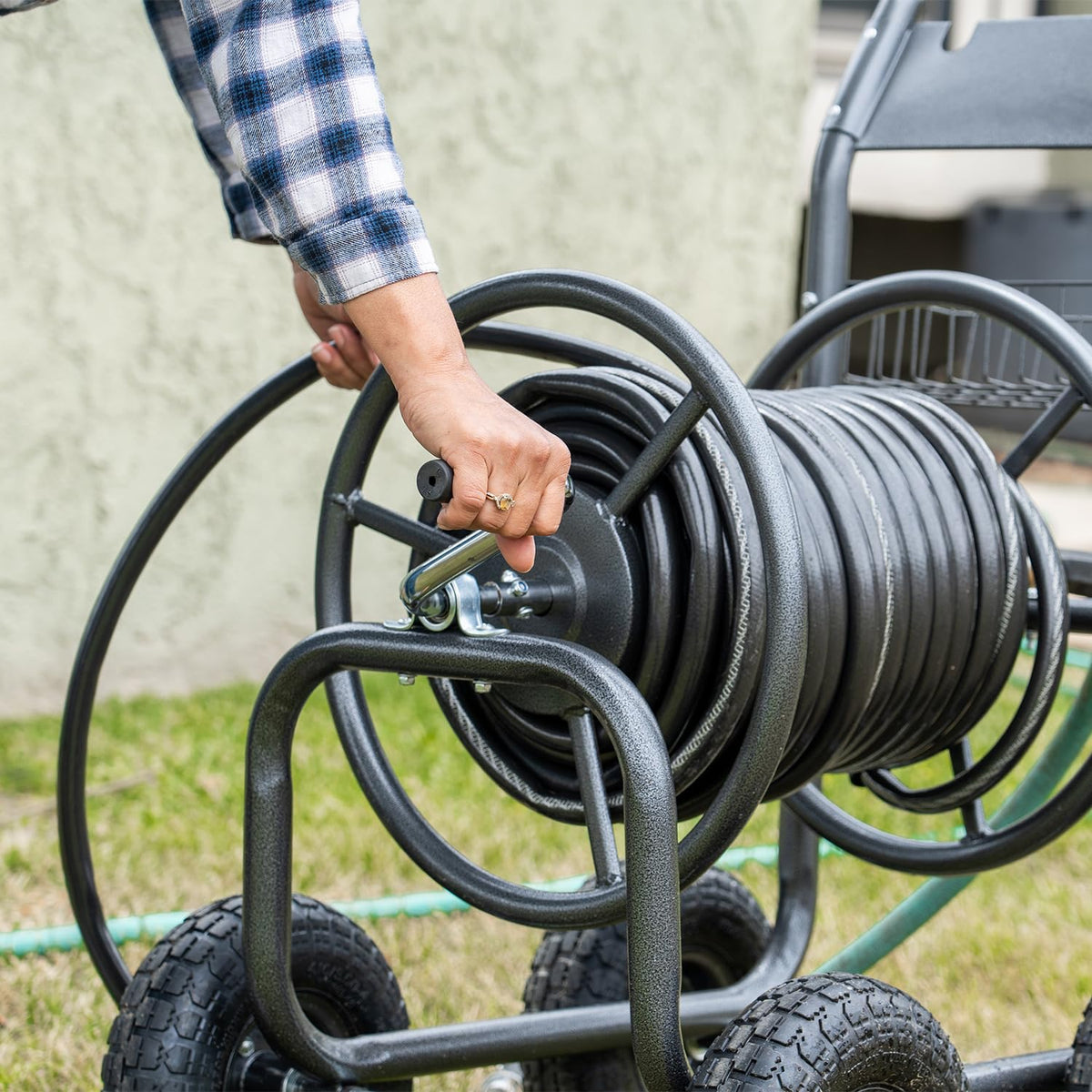 Hose Reel Cart with Wheels, 300-Feet Capacity, Grey Y598341