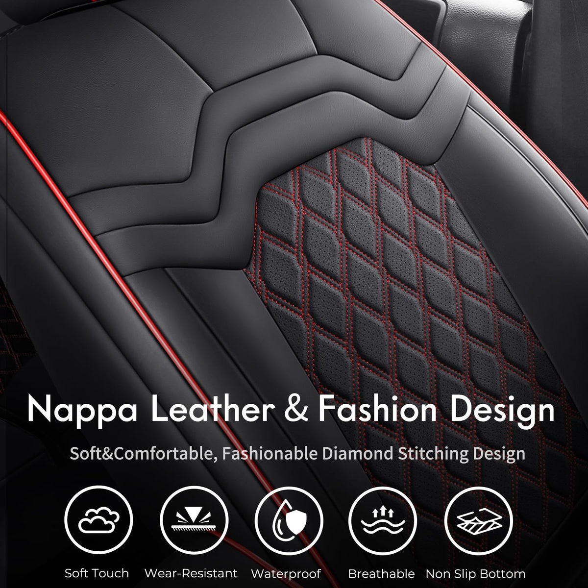 Waterproof Leather Seat Covers Full Set Black Red R334990