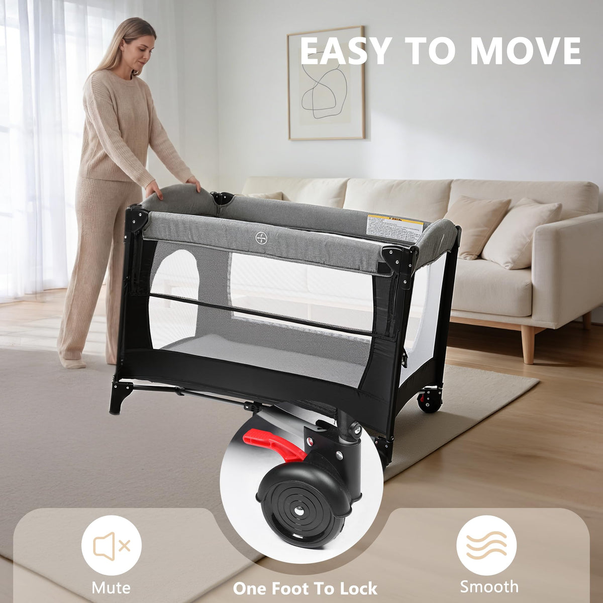 4 in 1 Portable Baby Playard, Baby Bedside Crib, Grey A3424