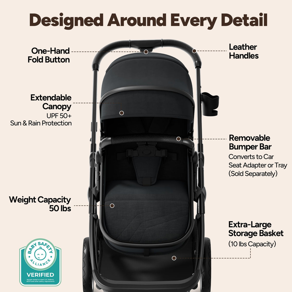 2-in-1 Bassinet Stroller Reversible Seat Black U138919