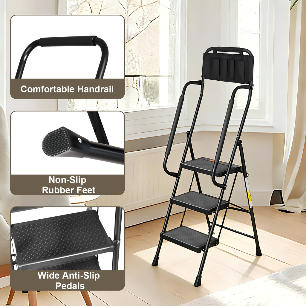 3 Step Folding Step Ladder with Handrails, 500 Lbs Capacity, Black E9403