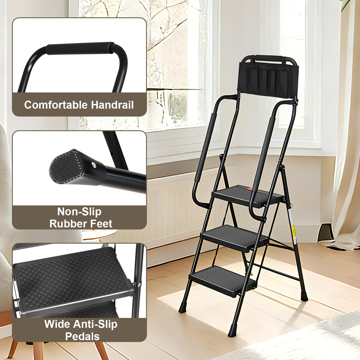 3 Step Folding Step Ladder with Handrails, 500 Lbs Capacity, Black E9403