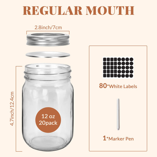 20 Pcs 12oz Glass Mason Jars With Lids H38016