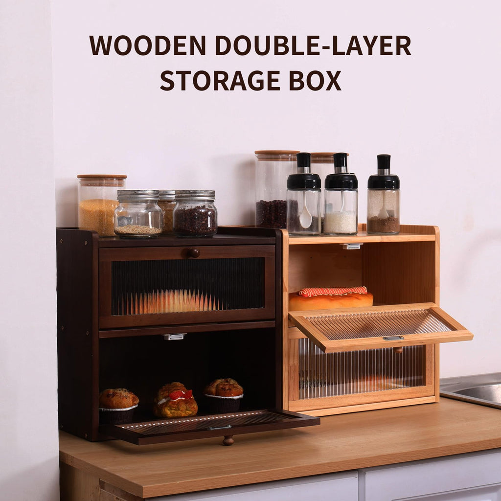 Double 2 Layer Wooden Bread Box with Acrylic Window Y966