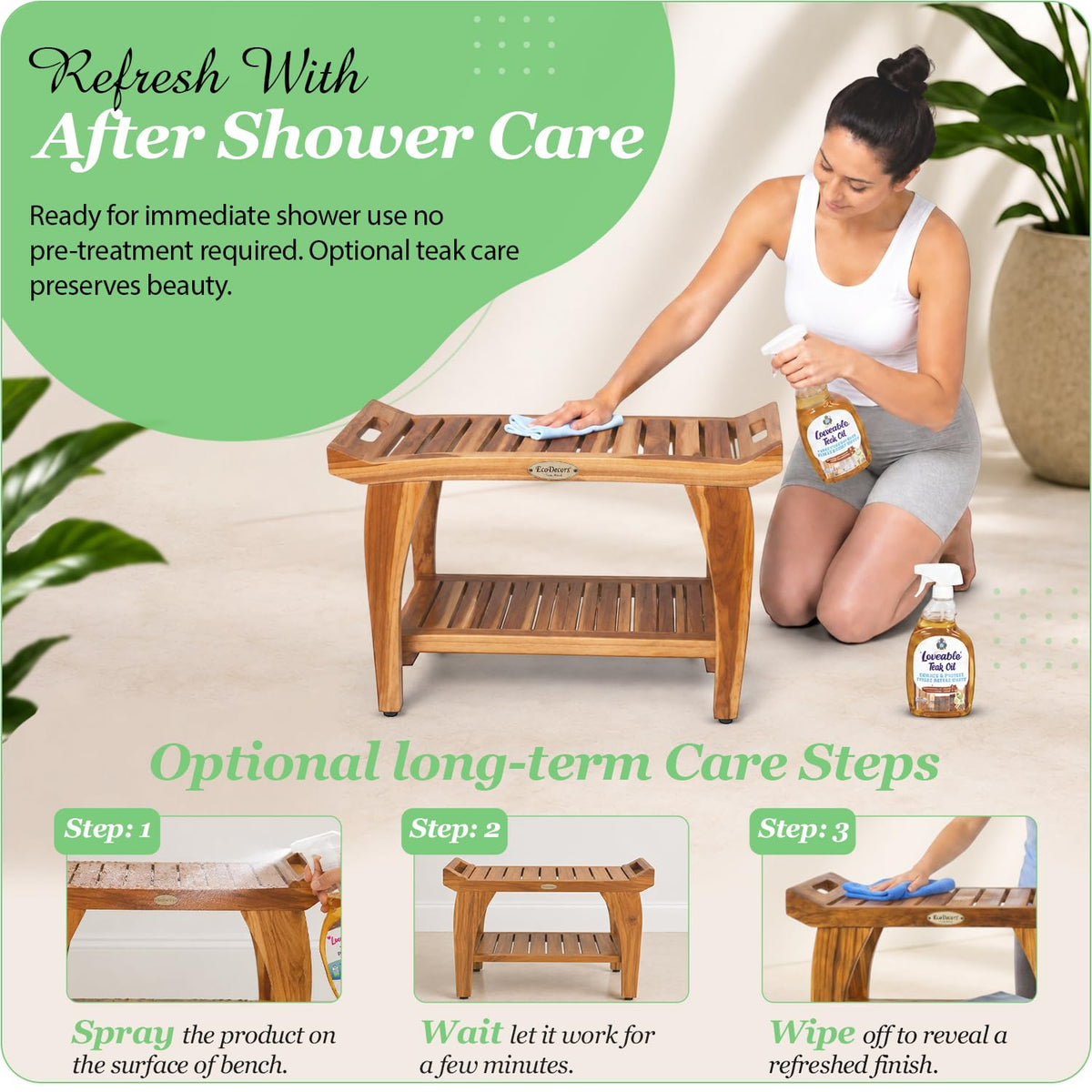 24" Teak Shower Bench with Arms & Storage Shelf R35308