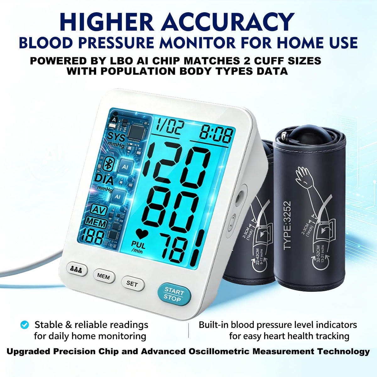 Automatic Upper Arm Blood Pressure Monitor Adjustable Cuffs Large LCD Digital Display Y2565