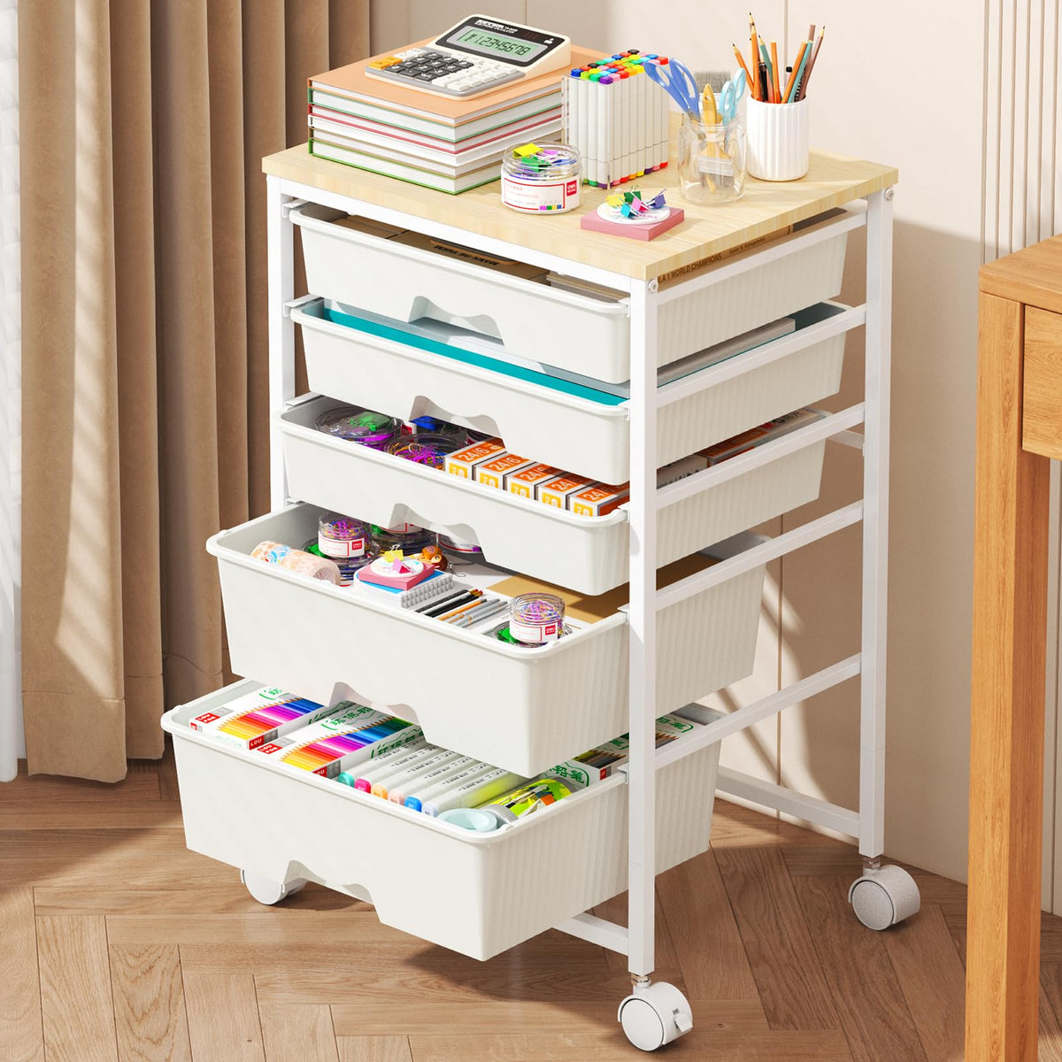 White Rolling Cart with 5 Drawers I101864