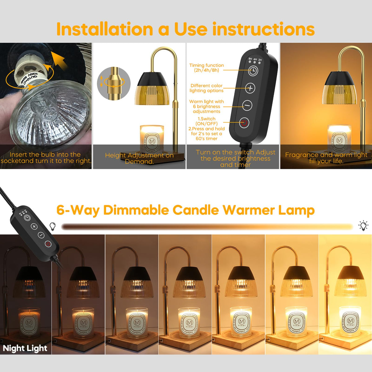 Candle Warmer Lamp with Timer Auto Off, Dimmable Height Adjustable Wax Melting Lamp H84088