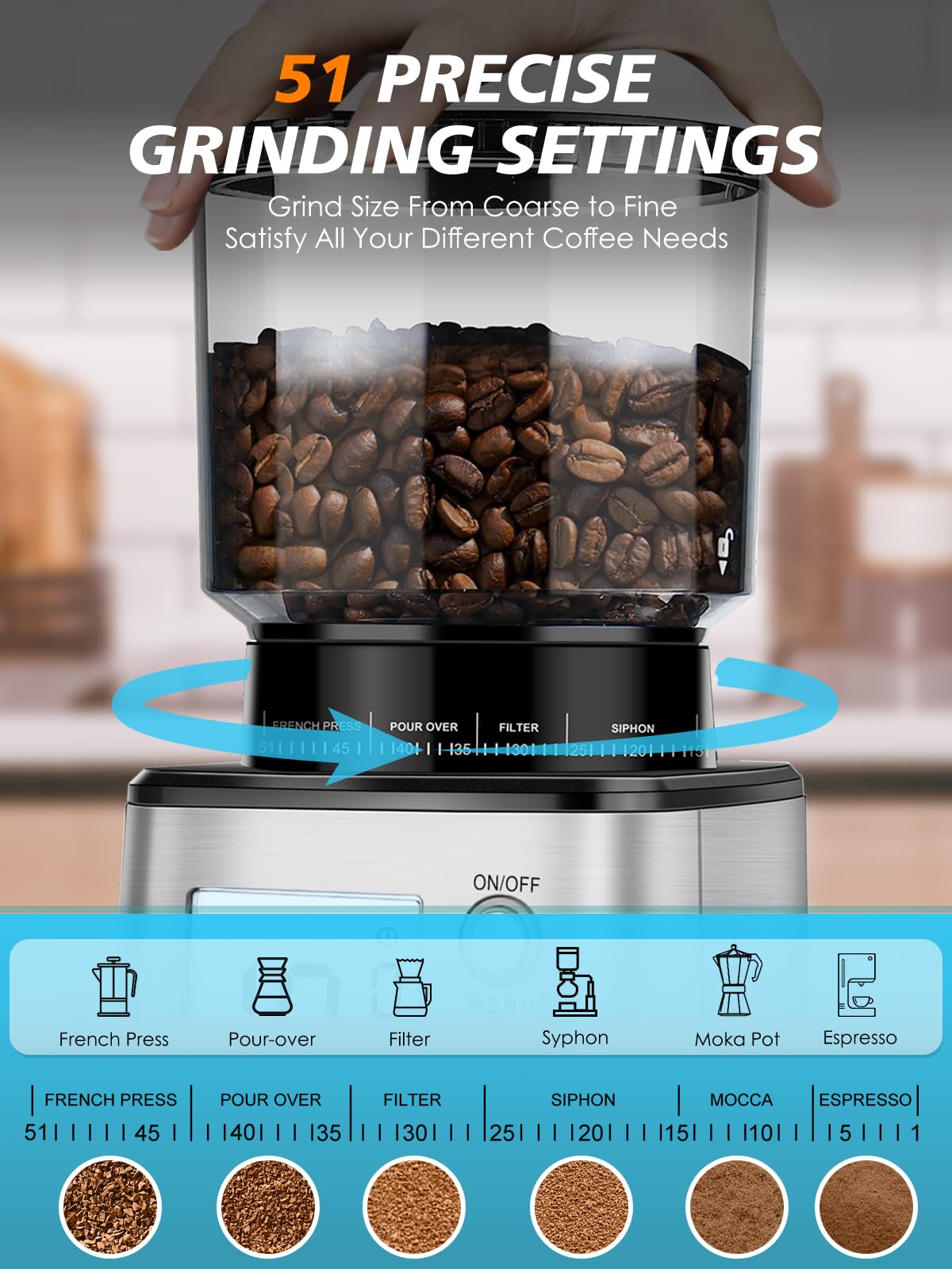 Conical Burr Espresso Coffee Grinder 51mm Stepless Electric E463263
