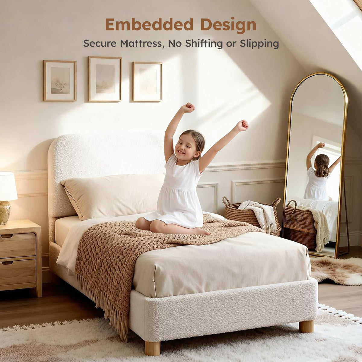 Twin Size Cream Boucle Platform Bed J19269