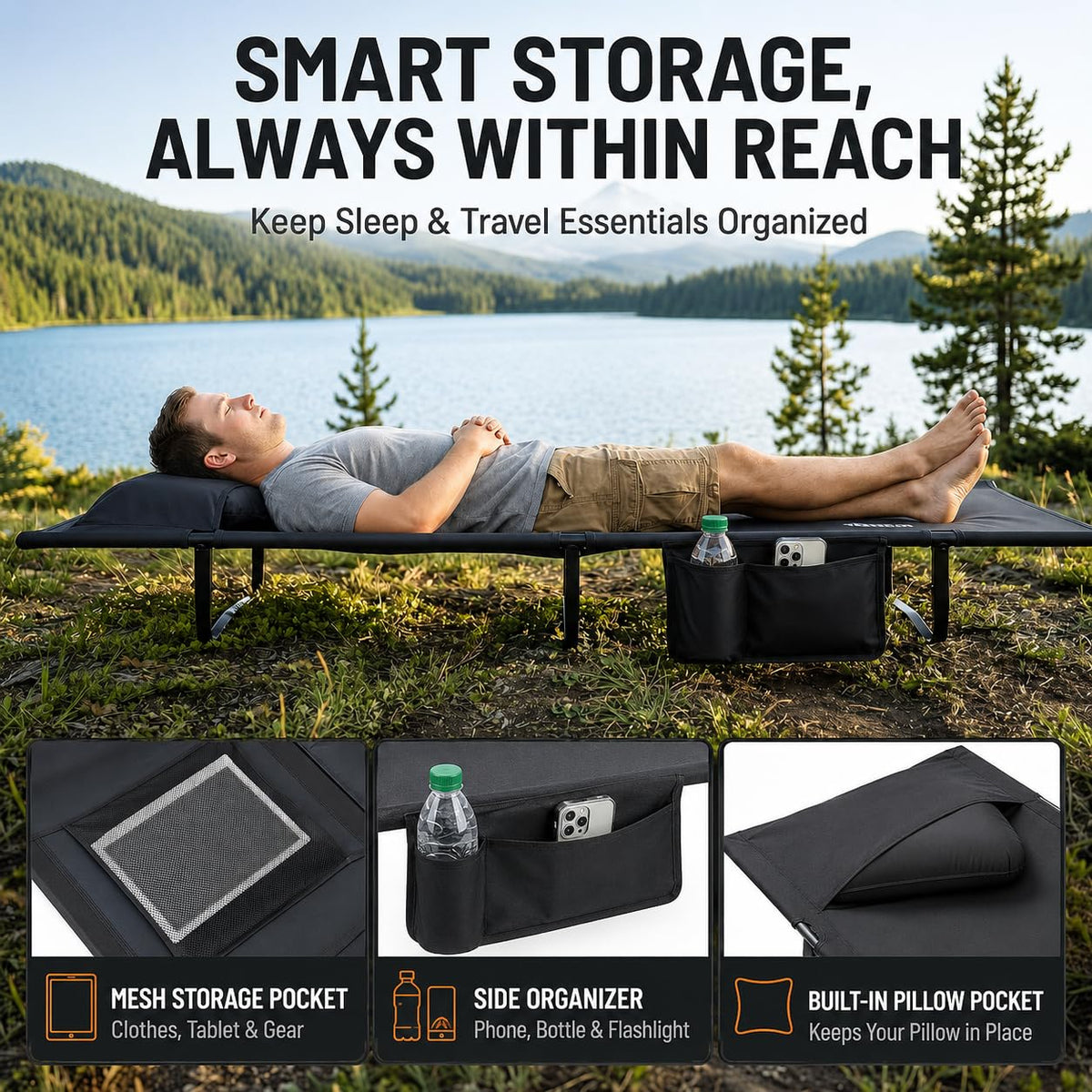 Portable Camping Cot with Pillow Pocket M39818