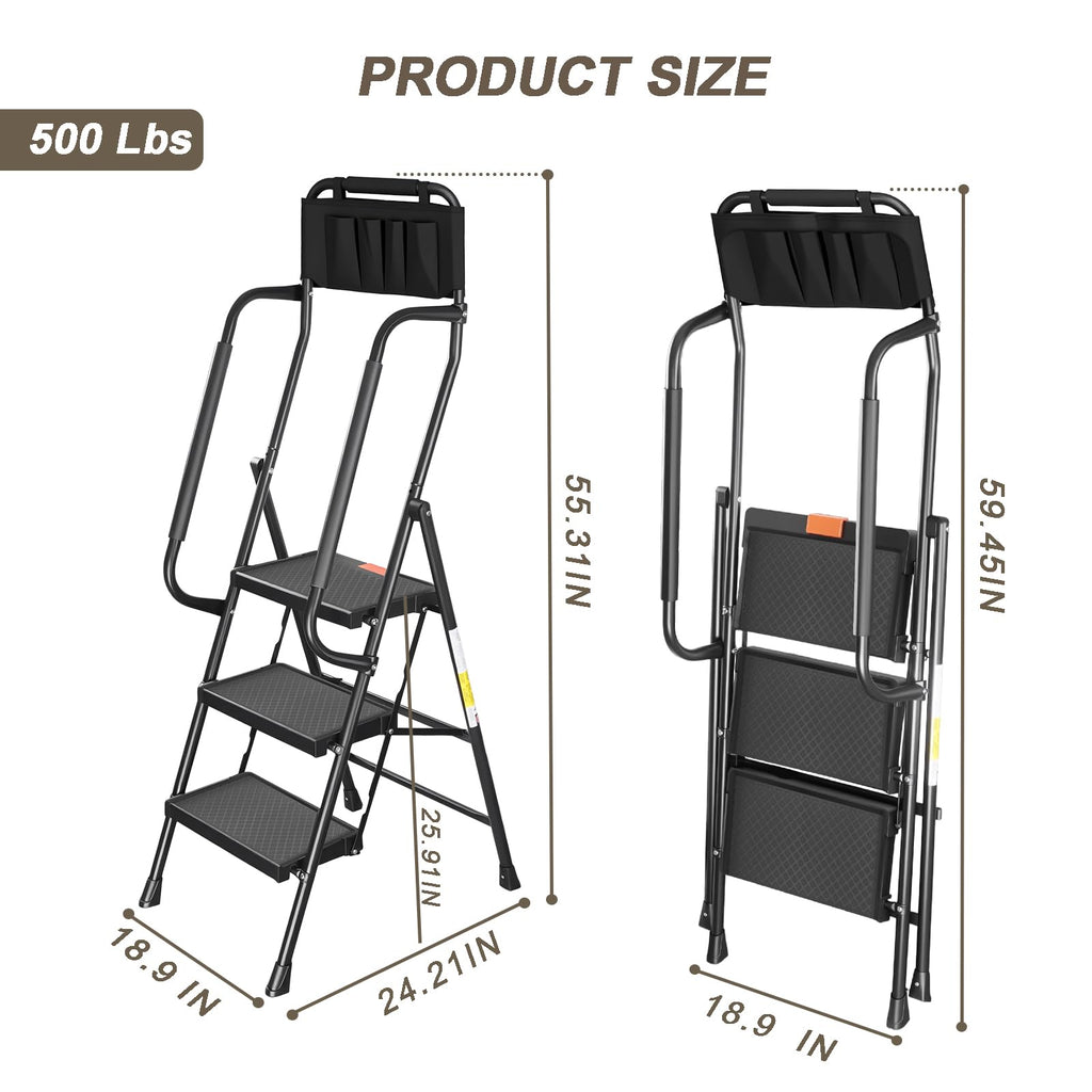 3 Step Folding Step Ladder with Handrails, 500 Lbs Capacity, Black E9403