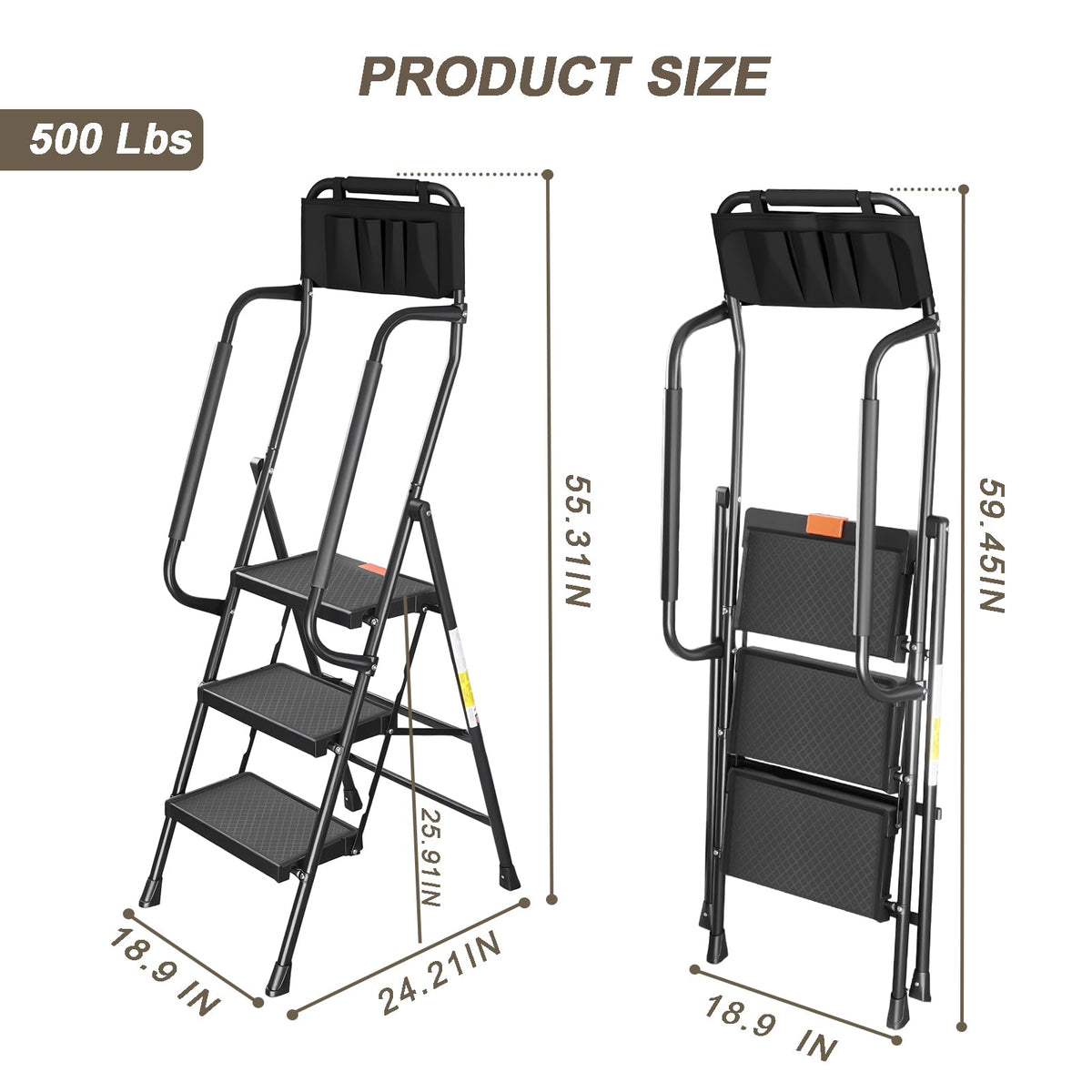 3 Step Folding Step Ladder with Handrails, 500 Lbs Capacity, Black E9403