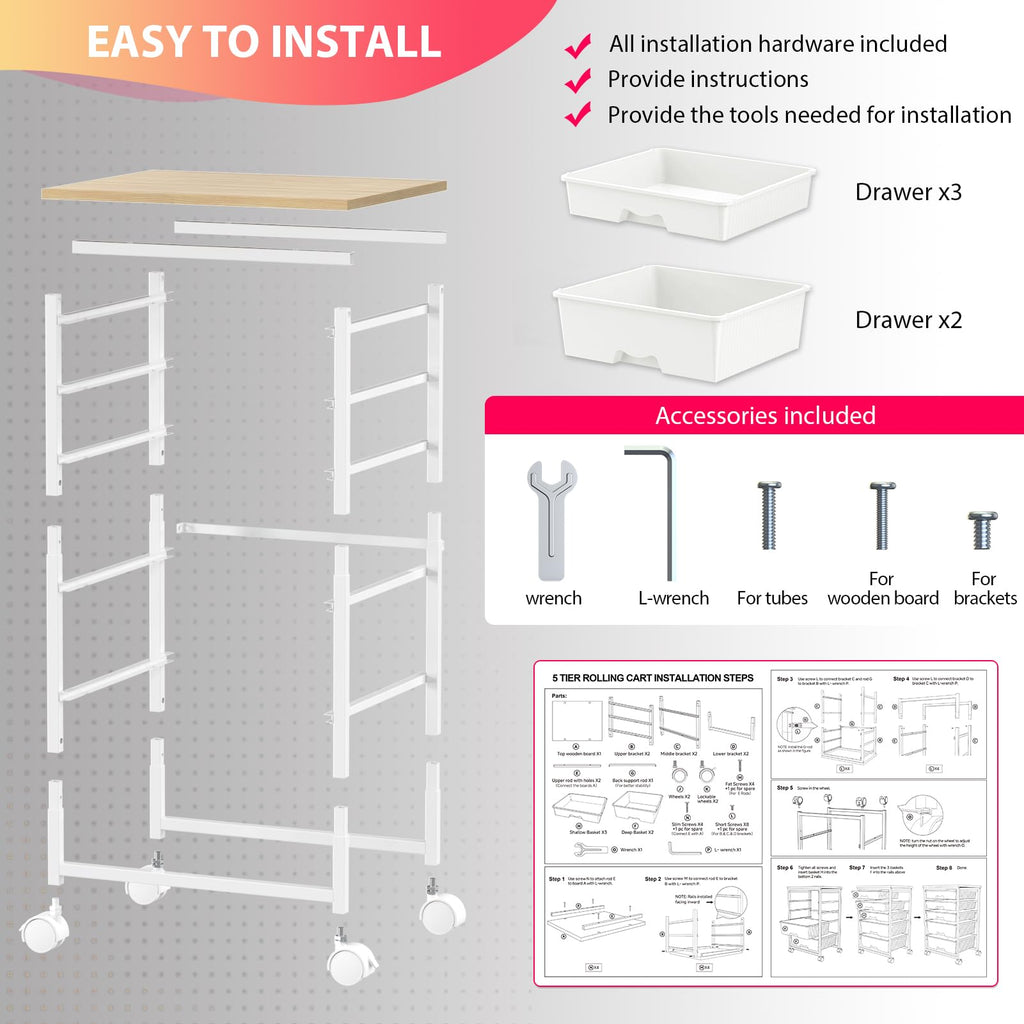 White Rolling Cart with 5 Drawers I101864