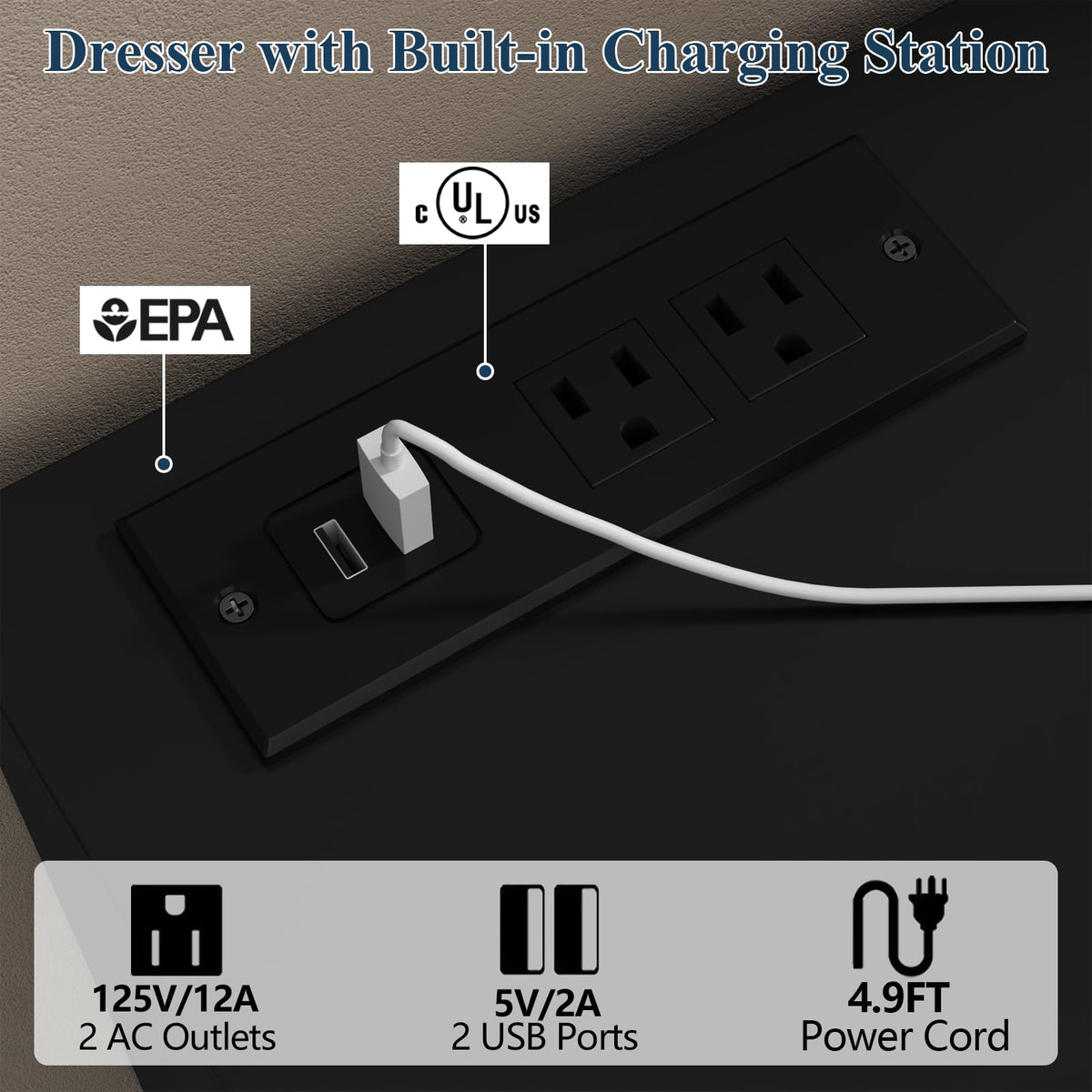 6 Drawer Dresser with Power Outlet and LED Lights I32255