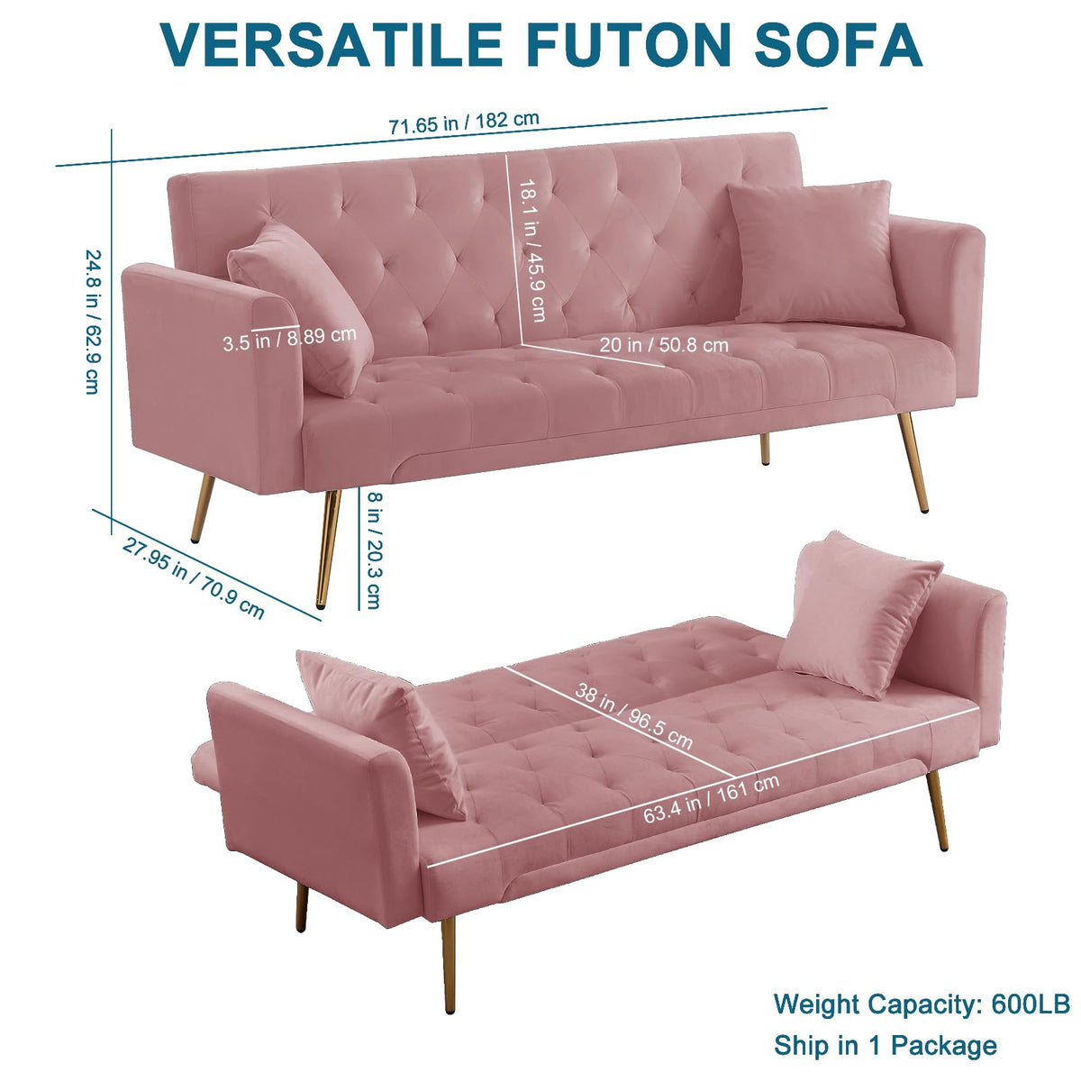 Pink Velvet Convertible Sofa Bed X364