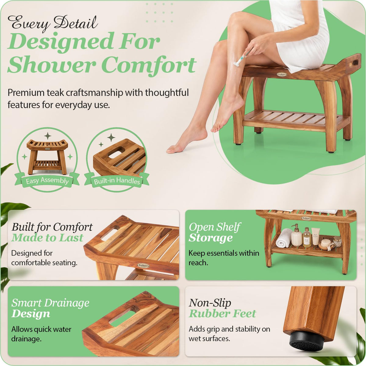 24" Teak Shower Bench with Arms & Storage Shelf R35308
