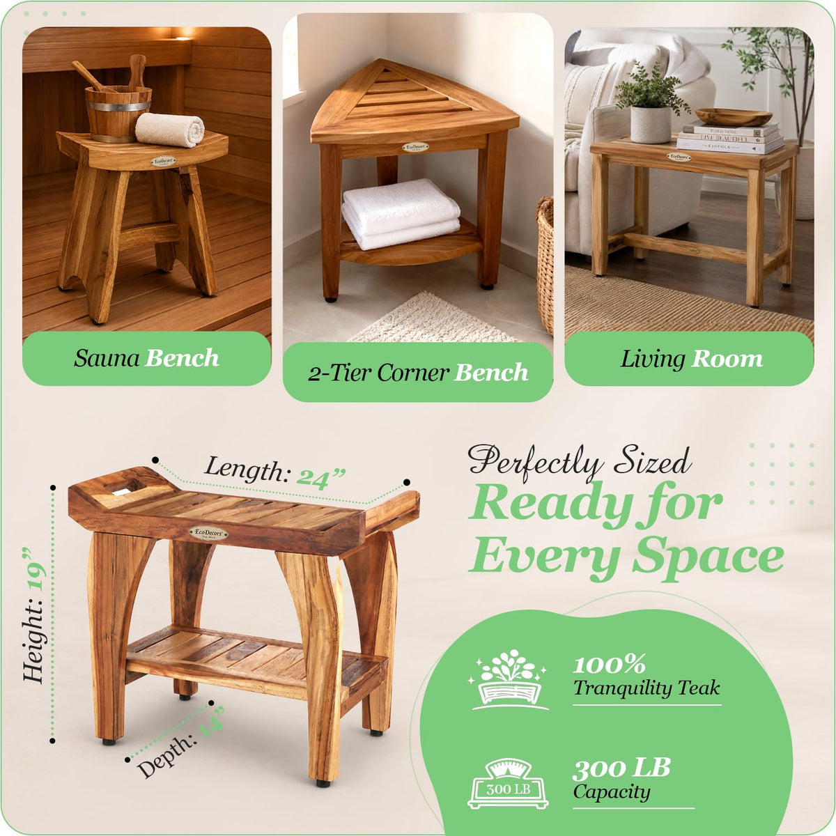 24" Teak Shower Bench with Arms & Storage Shelf R35308