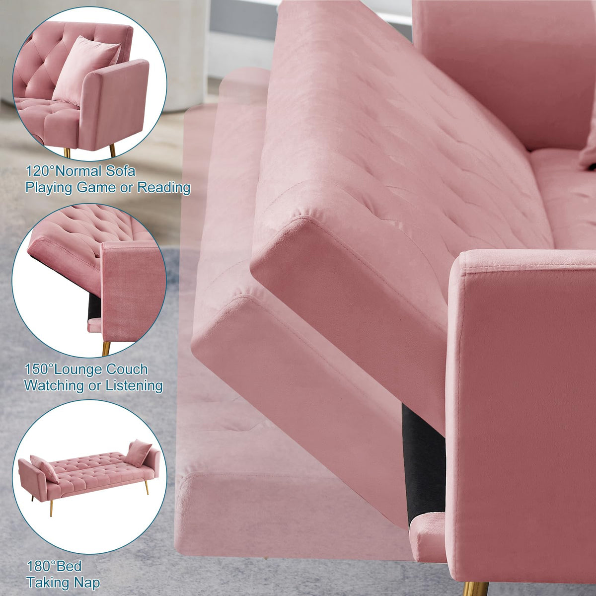 Pink Velvet Convertible Sofa Bed X364