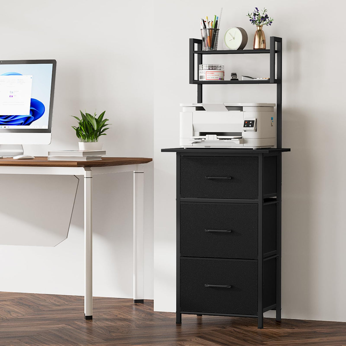 3 Drawer Tall File Cabinet with Extended Desktop, Black Y996441