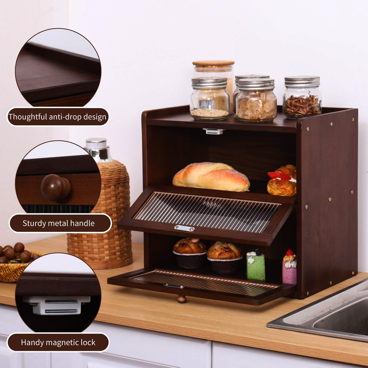 Double 2 Layer Wooden Bread Box with Acrylic Window Y966