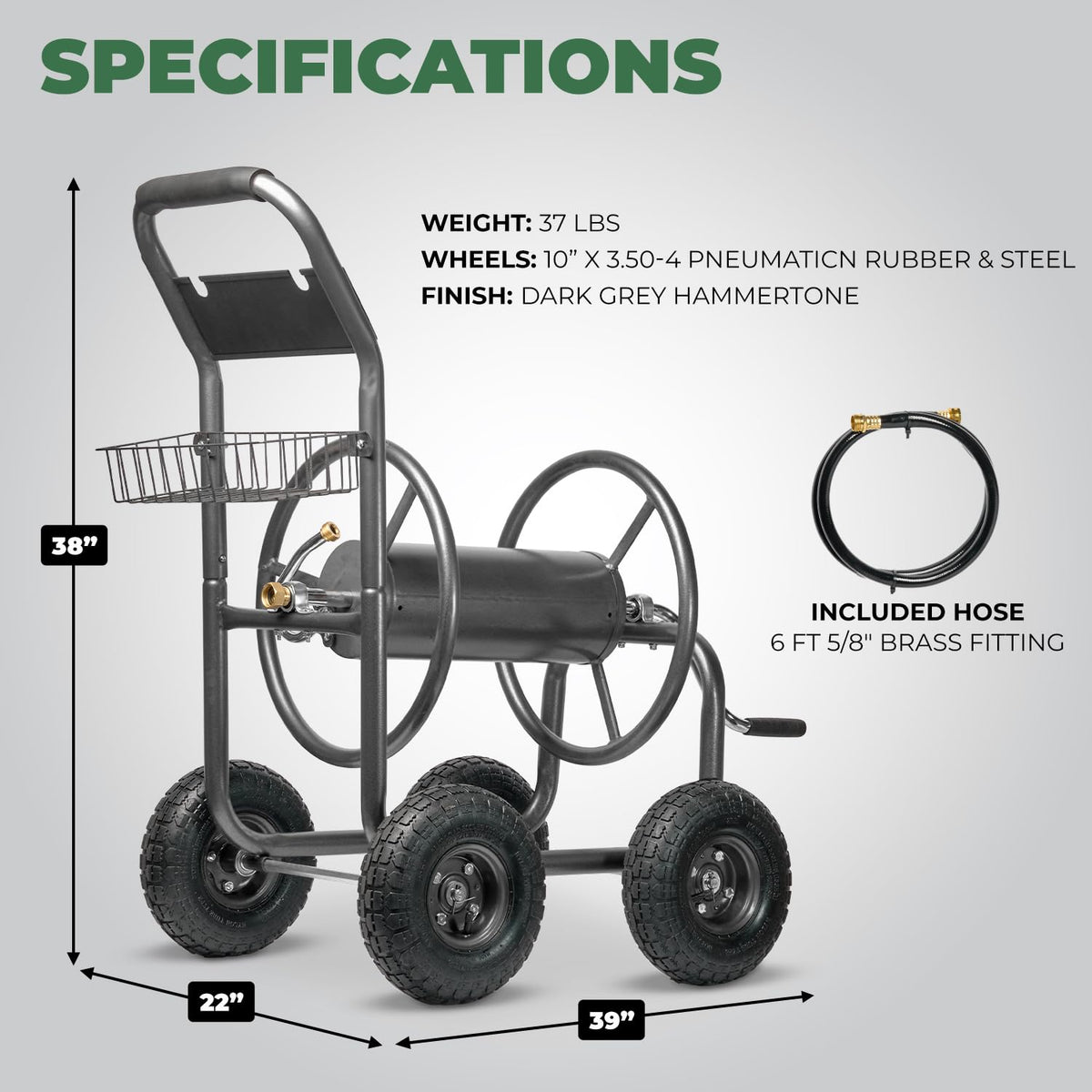 Hose Reel Cart with Wheels, 300-Feet Capacity, Grey Y598341