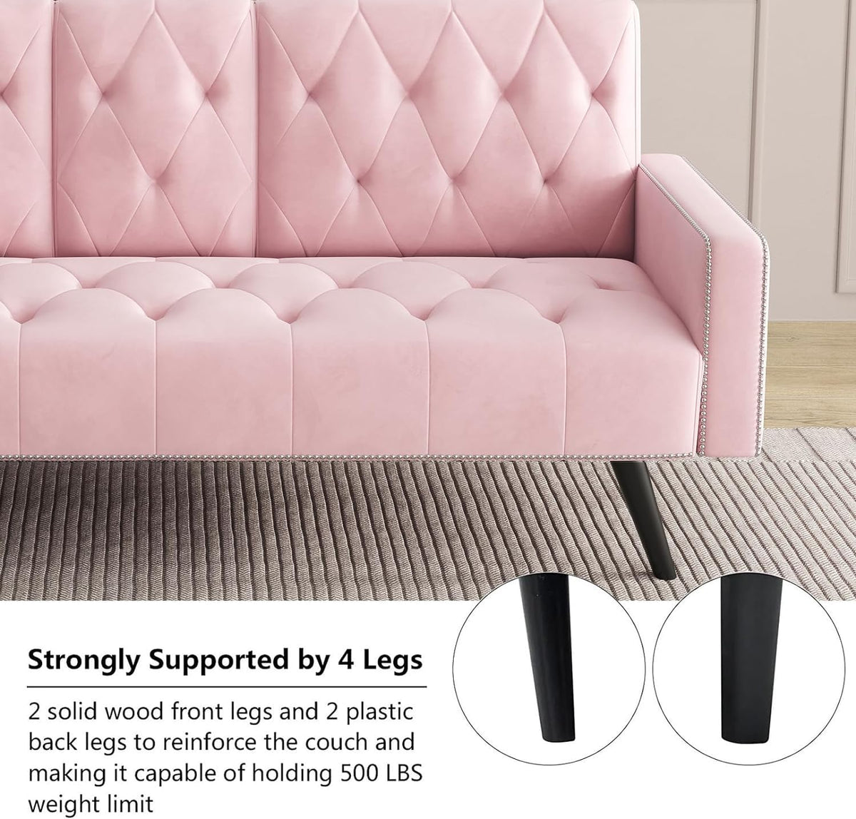 Pink Velvet Futon Couch Bed with Cup Holder E863