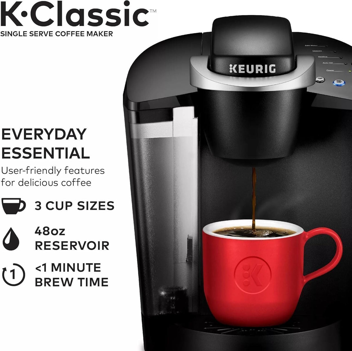 Single Serve K-Cup Pod Coffee Maker, 3 Brew Sizes, 48oz Removable Reservoir, Black Y155